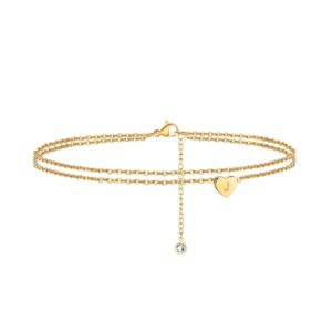 ursteel initial ankle bracelets for women, 14k gold plated ankle bracelet with initial j dainty layered heart gold anklets for women