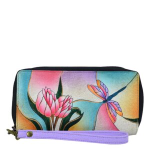 anna by anuschka women's hand painted genuine leather zip-around clutch - dragonfly glass painting