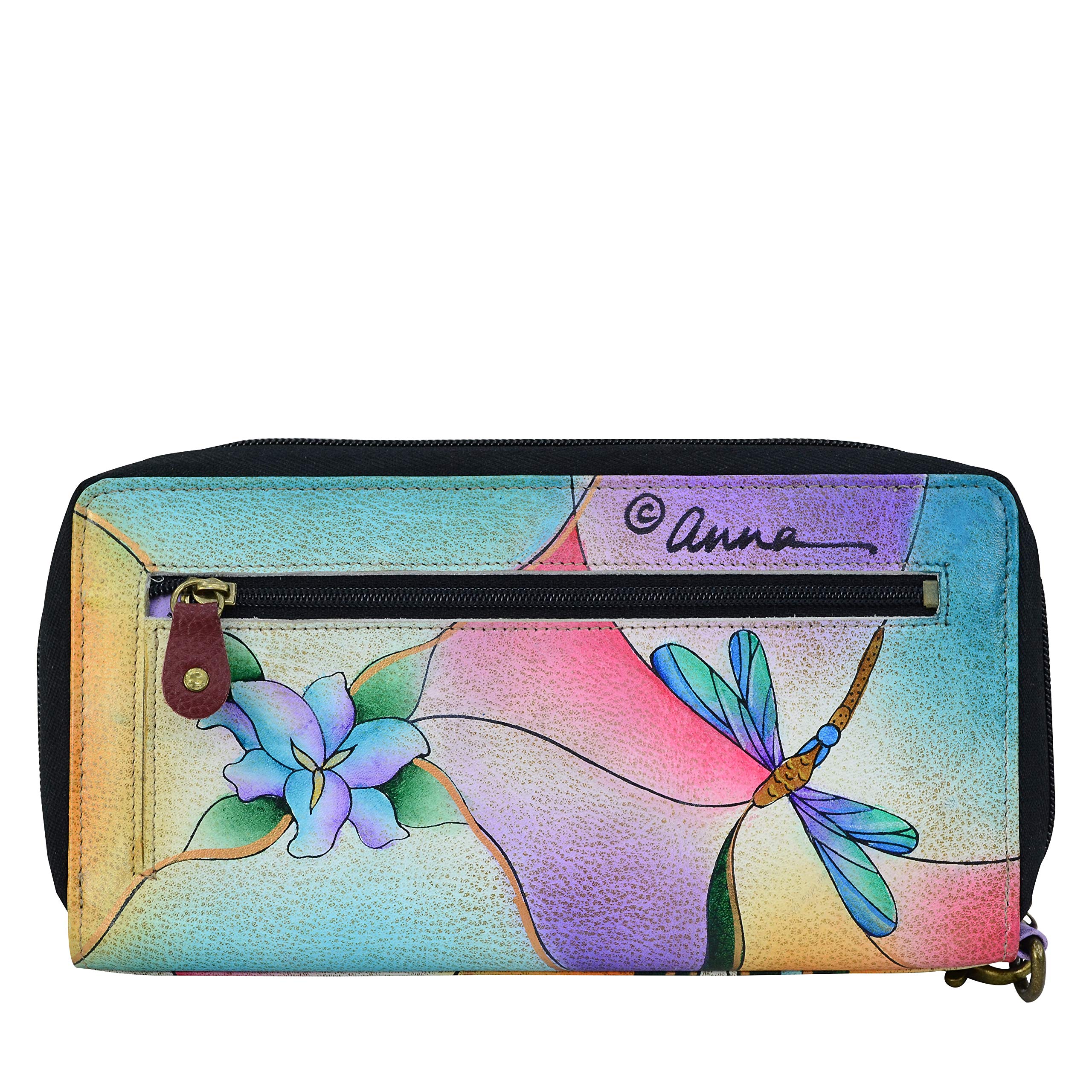 Anna by Anuschka Women's Hand Painted Genuine Leather Zip-Around Clutch - Dragonfly Glass Painting