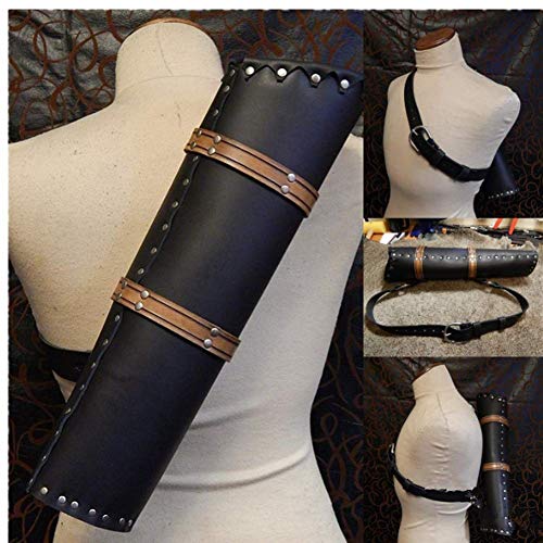 GEGEXIAOWU Medieval Retro Back Quiver Bow Leather Arrow Holder with Large Pouch Handmade Straps Belt Bag (Black, ONE Size)