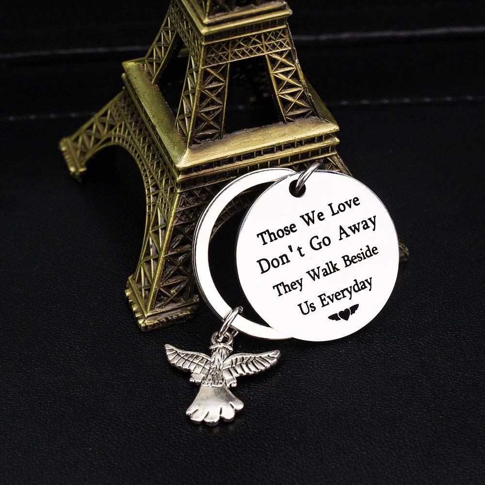 sympathy gift Memorial Keychain Gift - Loss of Father Mother Sympathy Jewelry-Those We Love Don't Go Away They Walk Beside Us Everyday Angel Keyring Remembrance Grandpa Grandma (Silver)