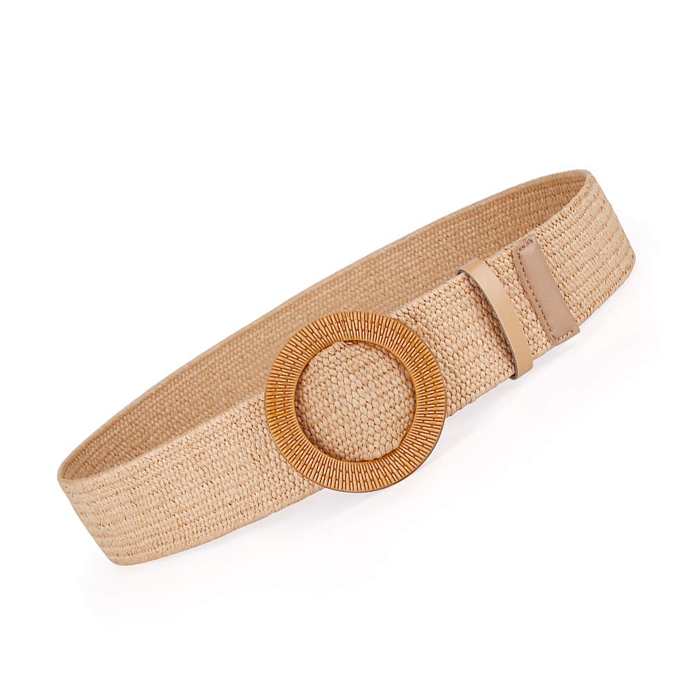 Women Belts For Dresses, Elastic Straw Rattan Waist Band With Large Buckle