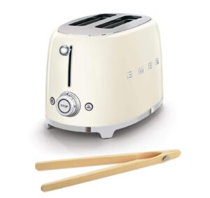 smeg tsf01crus 50's retro style toaster bundle with bamboo tongs - (cream) 2 slice