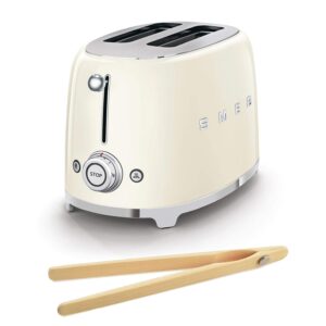 Smeg TSF01CRUS 50's Retro Style Toaster Bundle with Bamboo Tongs - (Cream) 2 Slice