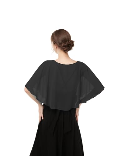 Chiffon Capelet Women's Soft capes Shawls and Wraps for Evening Dress Wedding Cape Cover Up (Black)