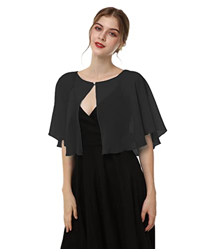 Chiffon Capelet Women's Soft capes Shawls and Wraps for Evening Dress Wedding Cape Cover Up (Black)