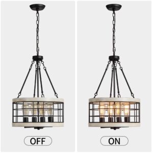 TZOE White Oak Wood Color&Black Metal Finish 4-Light Chandeliers for Dining Rooms,Farmhouse Drum Chandelier,Rustic Small Pendant Light