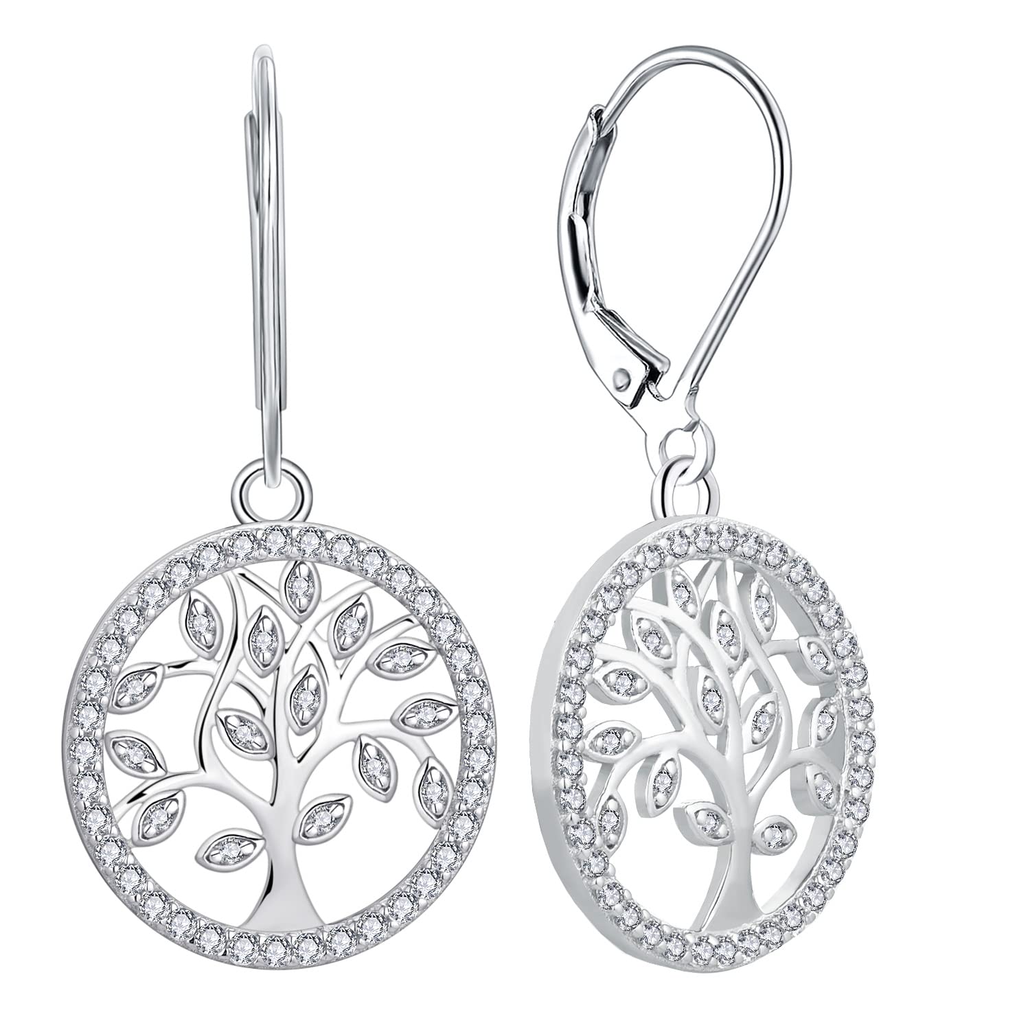 YL Tree Earrings 925 Sterling Silver Tree of Life Dangle Drop Earring Round AAA Cubic Zirconia Leverback Jewelry for Women