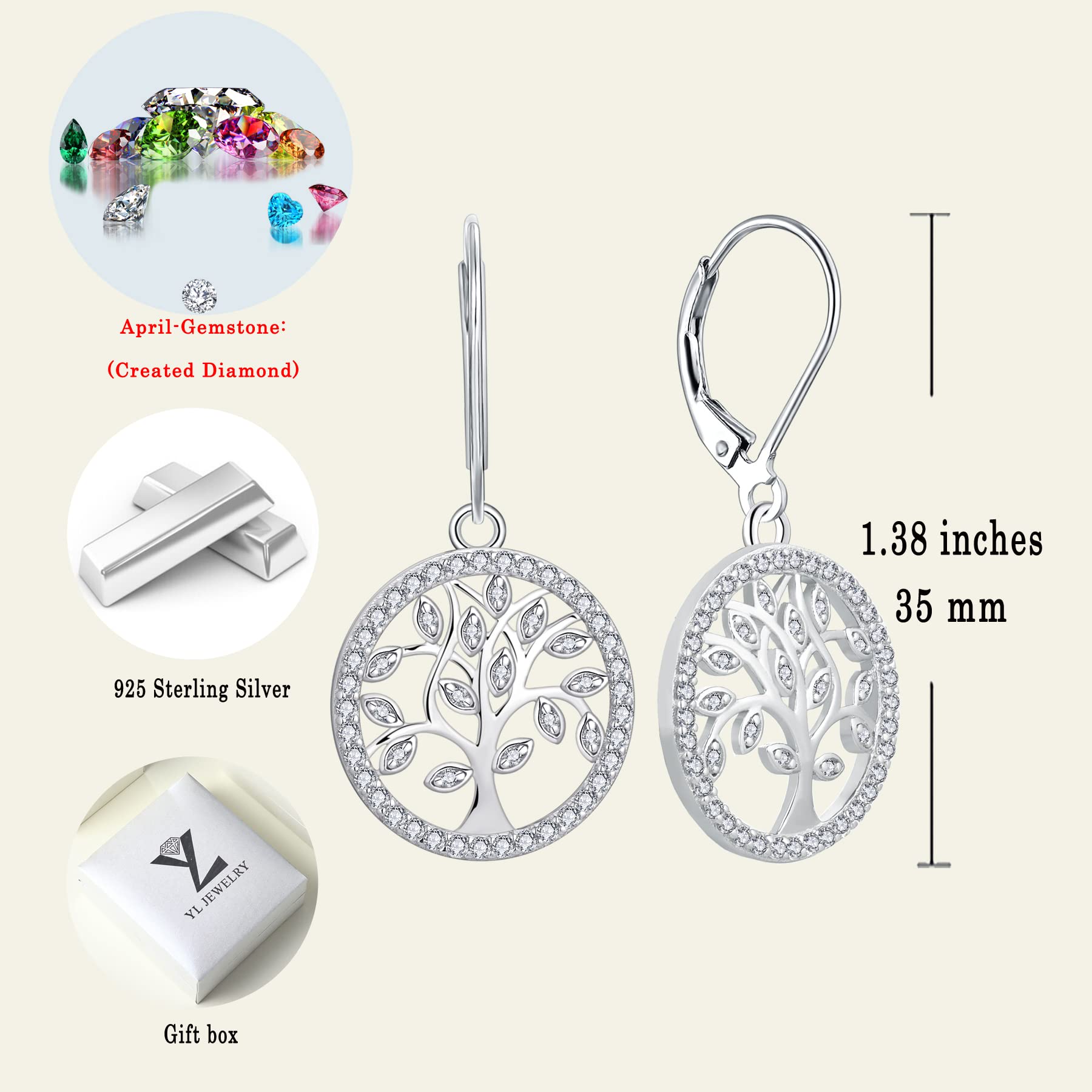 YL Tree Earrings 925 Sterling Silver Tree of Life Dangle Drop Earring Round AAA Cubic Zirconia Leverback Jewelry for Women