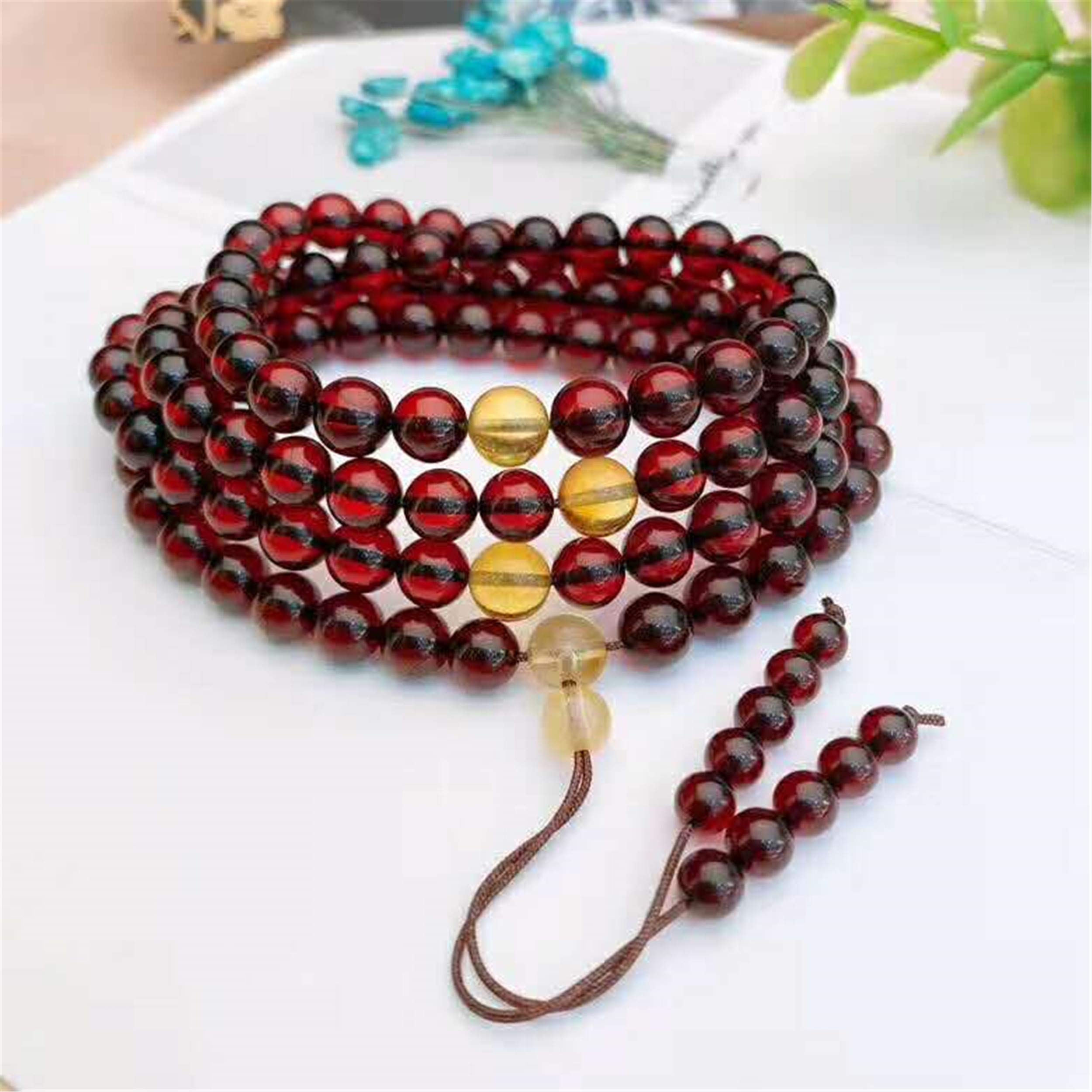 6.7mm Natural Red Blood Amber Gemstone Crystal 108 Prayer Bead Woman Lady Bracelet AAAAA