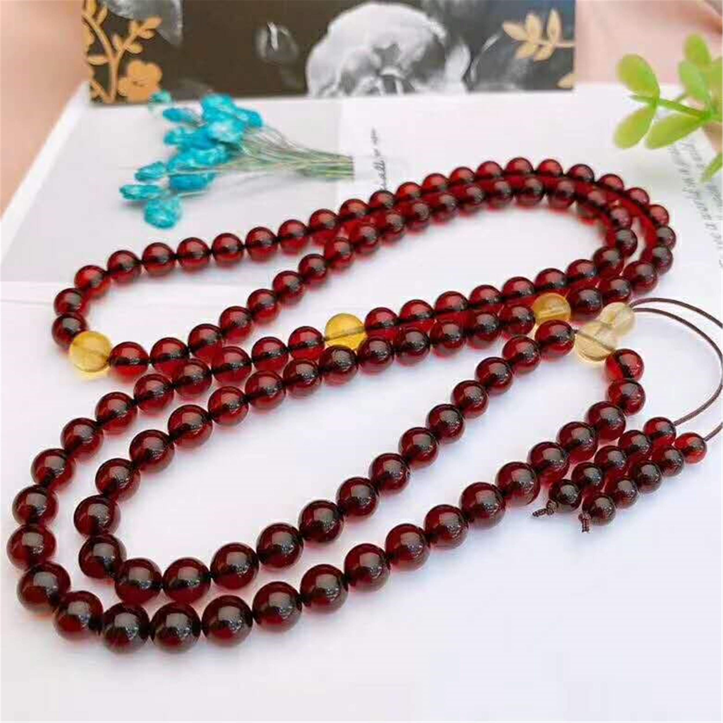 6.7mm Natural Red Blood Amber Gemstone Crystal 108 Prayer Bead Woman Lady Bracelet AAAAA