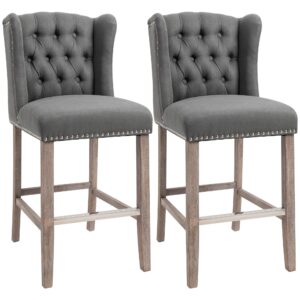 homcom counter height bar stools set of 2, upholstered 26.75" seat height barstools, breakfast chairs with nailhead-trim & tufted back, wood legs, deep grey