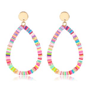 xocartige heishi bead drop earrings colorful african vinyl beaded hoop dangle earring studs for women bohemia summer beach accessory (a rainbow)