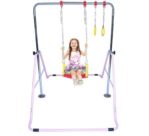 kidsjungle kids jungle gym 3 in 1 gymnastics monkey bar kip bar deluxe swing set, trapeze rings, adjustable horizontal climb tower junior training pink