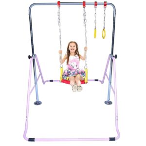 KidsJungle Kids Jungle Gym 3 in 1 Gymnastics Monkey Bar Kip Bar Deluxe Swing Set, Trapeze Rings, Adjustable Horizontal Climb Tower Junior Training Pink