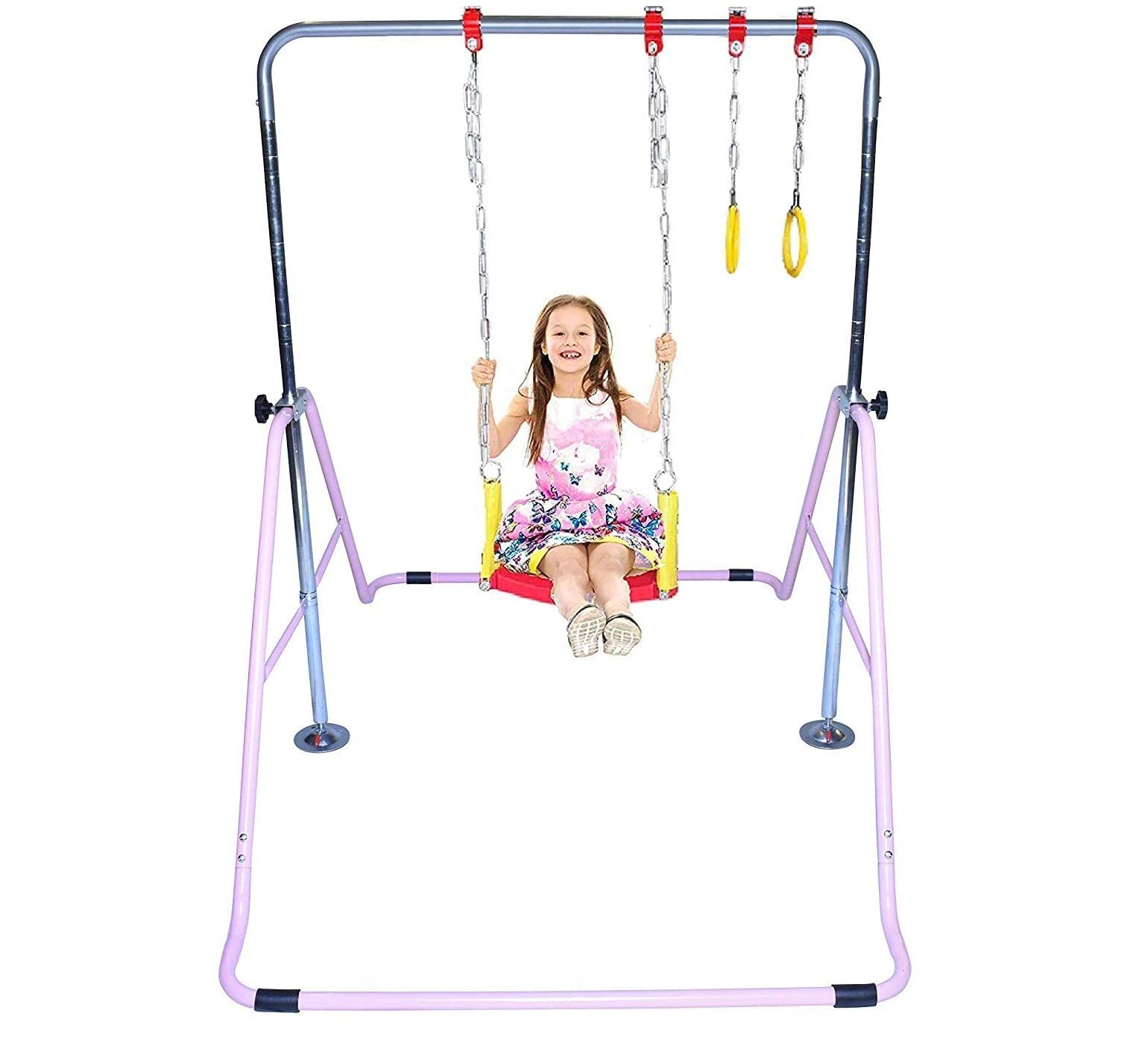 KidsJungle Kids Jungle Gym 3 in 1 Gymnastics Monkey Bar Kip Bar Deluxe Swing Set, Trapeze Rings, Adjustable Horizontal Climb Tower Junior Training Pink