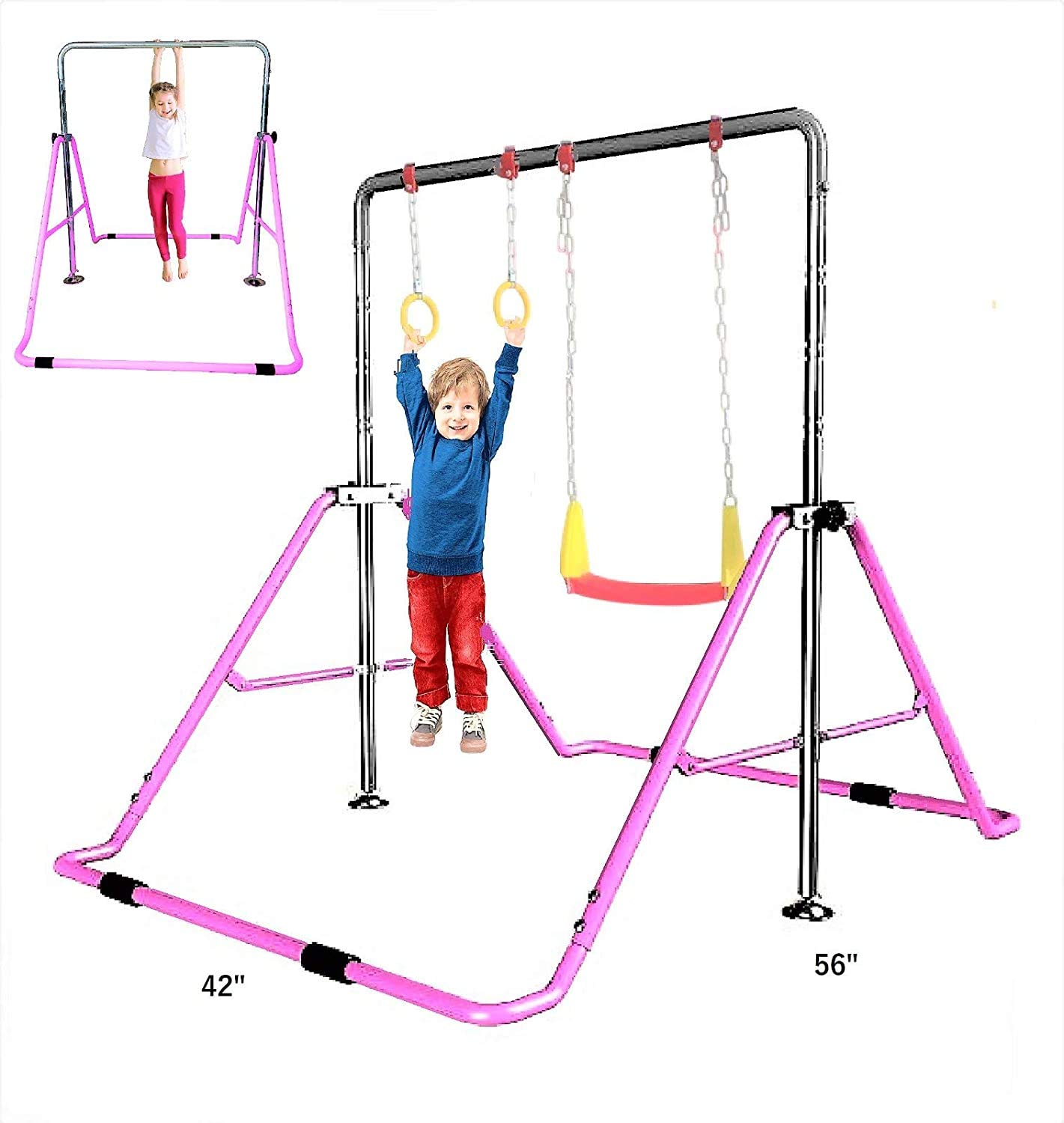 KidsJungle Kids Jungle Gym 3 in 1 Gymnastics Monkey Bar Kip Bar Deluxe Swing Set, Trapeze Rings, Adjustable Horizontal Climb Tower Junior Training Pink