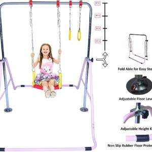 KidsJungle Kids Jungle Gym 3 in 1 Gymnastics Monkey Bar Kip Bar Deluxe Swing Set, Trapeze Rings, Adjustable Horizontal Climb Tower Junior Training Pink