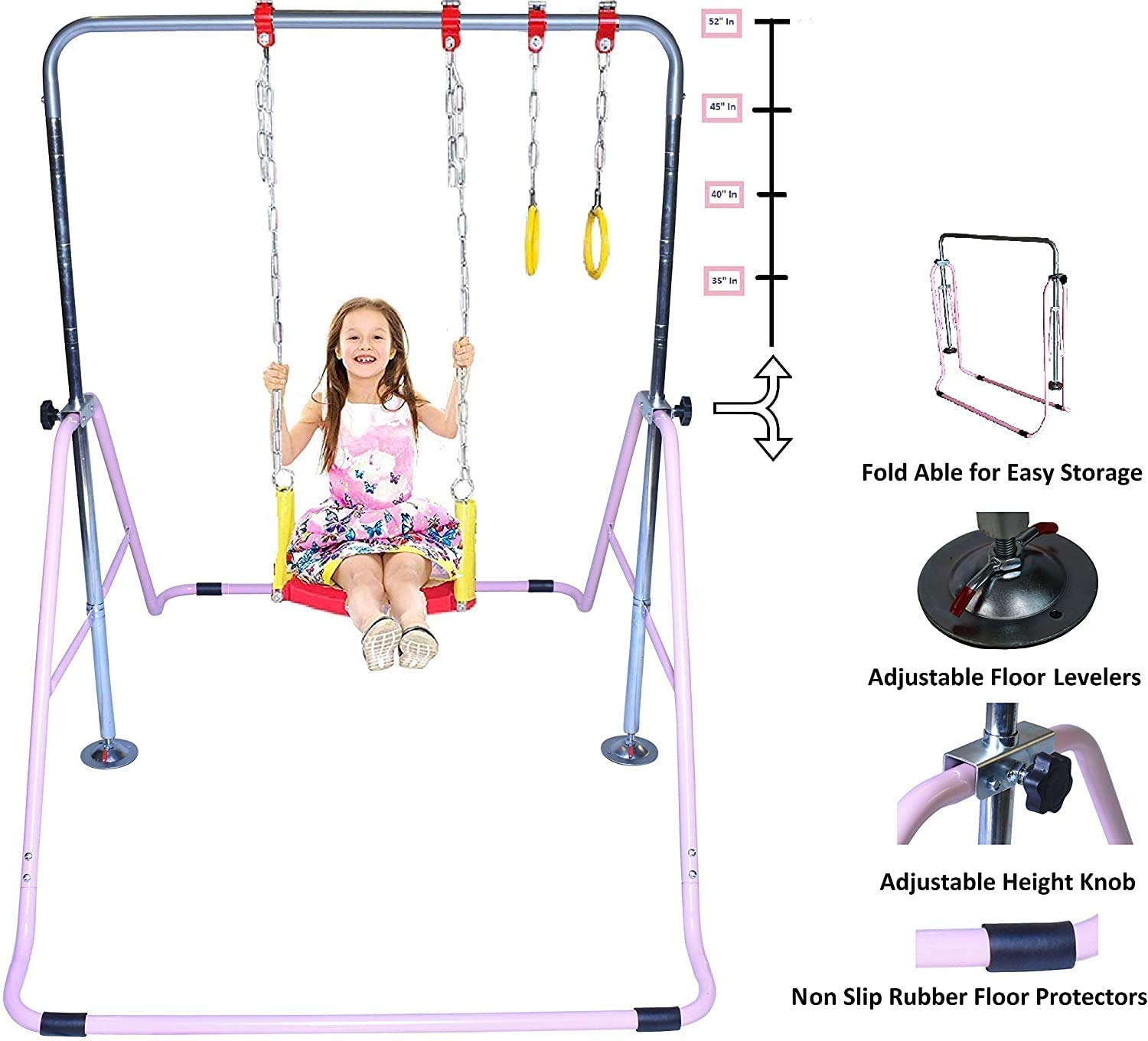 KidsJungle Kids Jungle Gym 3 in 1 Gymnastics Monkey Bar Kip Bar Deluxe Swing Set, Trapeze Rings, Adjustable Horizontal Climb Tower Junior Training Pink