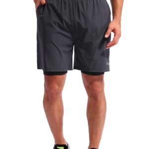 Pudolla Men’s 2 in 1 Running Shorts 7" Quick Dry Gym Athletic Workout Shorts for Men with Phone Pockets(Dark Grey Large)