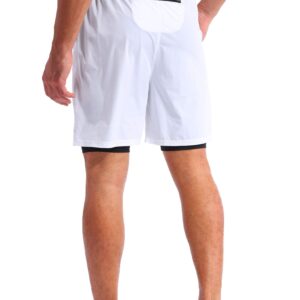 Pudolla Men’s 2 in 1 Running Shorts 7" Quick Dry Gym Athletic Workout Shorts for Men with Phone Pockets(White Medium)