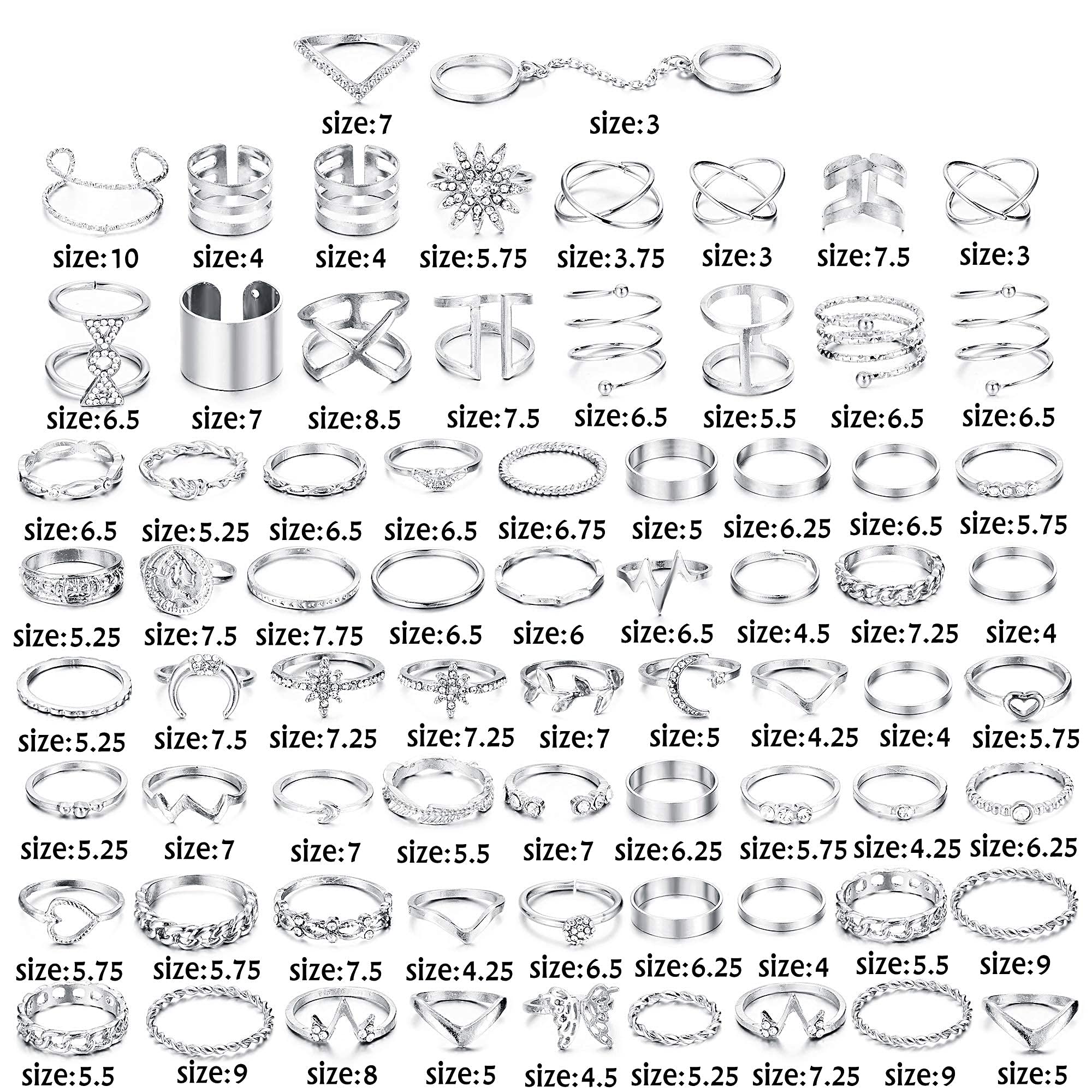 JOERICA 70PCS Knuckle Rings for Women Stackable Joint Midi Finger Ring Set Silver Tone