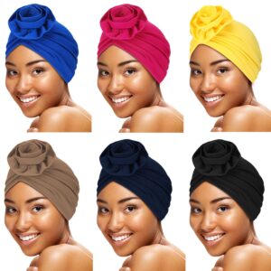 SATINIOR 6 Pieces Women Turban African Pattern Headwrap Colorful Printed Pretied Flower Knot Bonnet Hat for Women(Solid Colors)