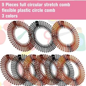 Shappy 9 Pieces Full Circular Stretch Comb Flexible Plastic Circle Comb Stretch Hair Comb Headband Hairband Holder for Women Girls, 3 Colors