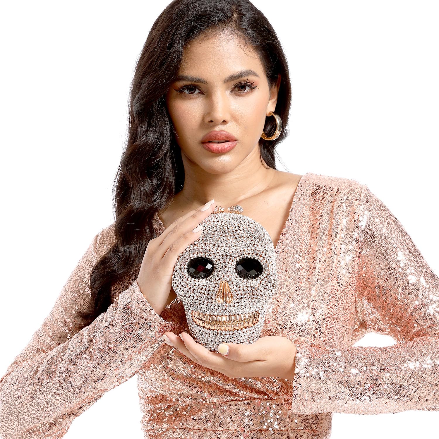 Boutique De FGG Golden Skull Crystal Clutch Purse Women Rhinestone Evening Handbags Party Prom Halloween Clutch Bag, Mini