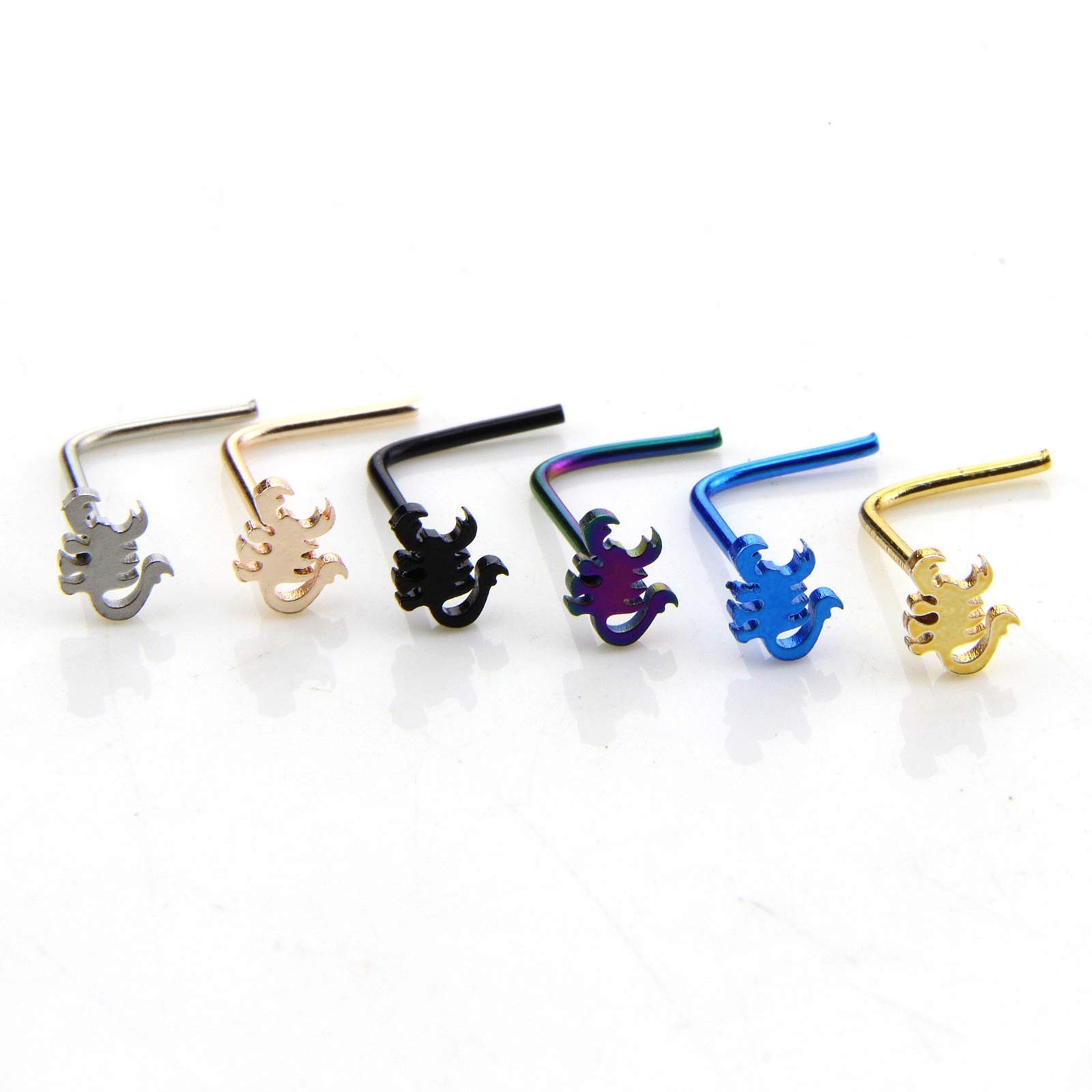 Beydodo 6Pcs Nose Piercing Jewelry L Shaped Surgical Steel Nose Rings for Women L Shaped with Scorpion