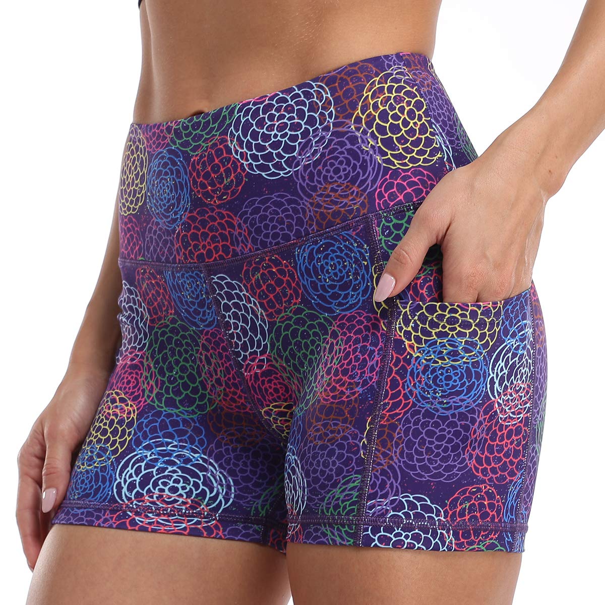 Amazon Essentials Workout Volleyball Yoga Print Short Pockets High Waist Exercise Running Gym Shorts for Women 3" Purple Circle Flower-M