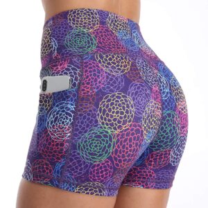 Amazon Essentials Workout Volleyball Yoga Print Short Pockets High Waist Exercise Running Gym Shorts for Women 3" Purple Circle Flower-M