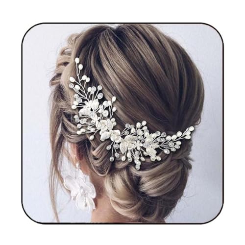 Easedaily Bride Wedding Hair Vine Silver Flower Leaf Bridal Headpieces Pearl Hair Accessories for Women and Brides