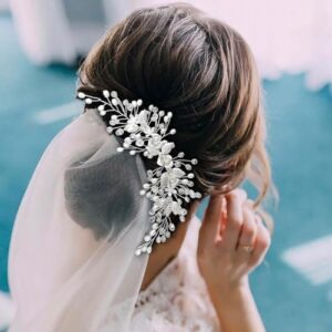 Easedaily Bride Wedding Hair Vine Silver Flower Leaf Bridal Headpieces Pearl Hair Accessories for Women and Brides