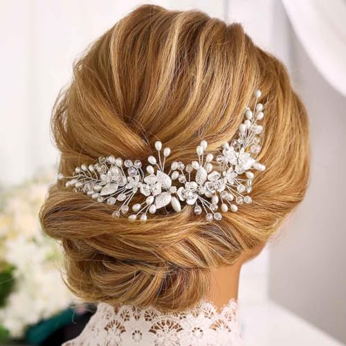 Easedaily Bride Wedding Hair Vine Silver Flower Leaf Bridal Headpieces Pearl Hair Accessories for Women and Brides