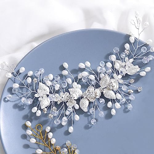 Easedaily Bride Wedding Hair Vine Silver Flower Leaf Bridal Headpieces Pearl Hair Accessories for Women and Brides