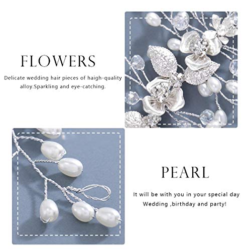 Easedaily Bride Wedding Hair Vine Silver Flower Leaf Bridal Headpieces Pearl Hair Accessories for Women and Brides