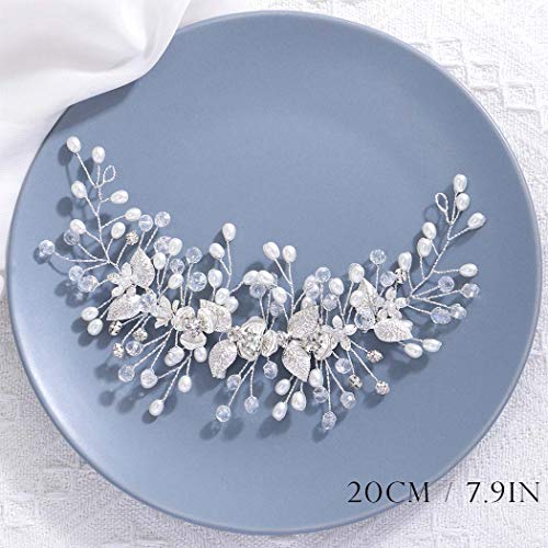 Easedaily Bride Wedding Hair Vine Silver Flower Leaf Bridal Headpieces Pearl Hair Accessories for Women and Brides