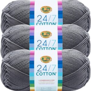 Lion Brand 24/7 Cotton Yarn, Yarn for Knitting, Crocheting, and Crafts, Silver, 3 Pack