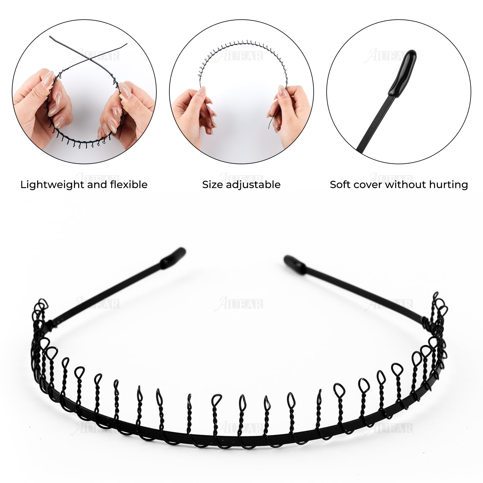 AUEAR, 8 Pack Unisex Black Metal Teeth Comb Wavy Hair Band to Hold Short Long Hair Hoop Hairband Headband Hair Accessories