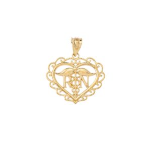 certified 10k yellow gold heart shaped caduceus rn charm registered nurse pendant