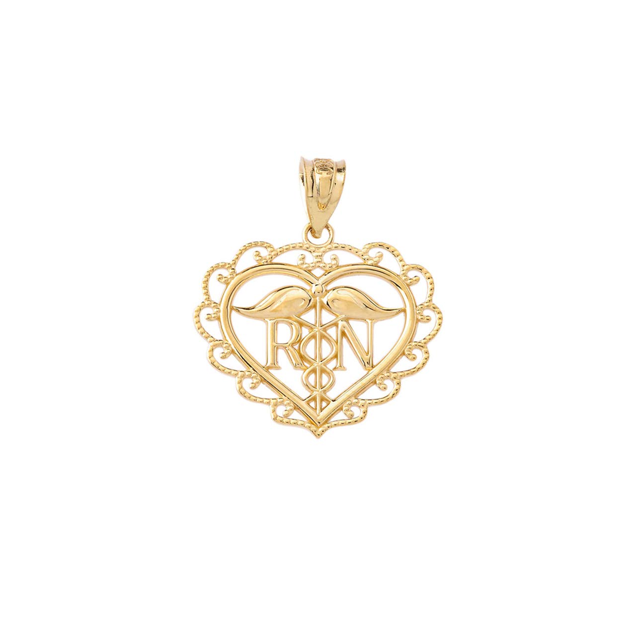 Certified 10k Yellow Gold Heart Shaped Caduceus RN Charm Registered Nurse Pendant