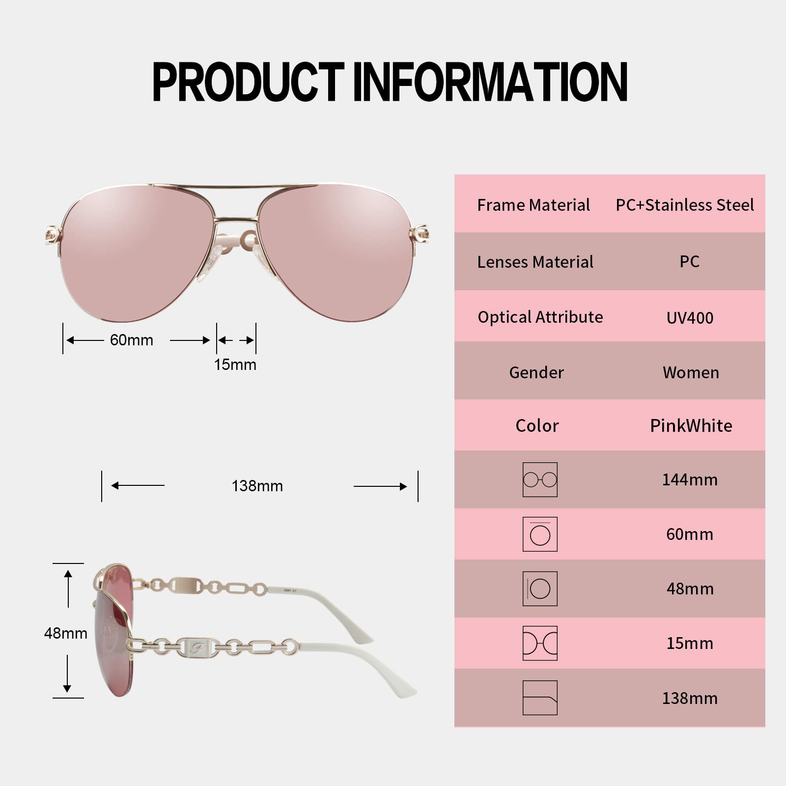 FONHCOO Aviator Sunglasses for Women Men Oversized Metal Frame UV400 Mirrored Sunglasses (pink&white)