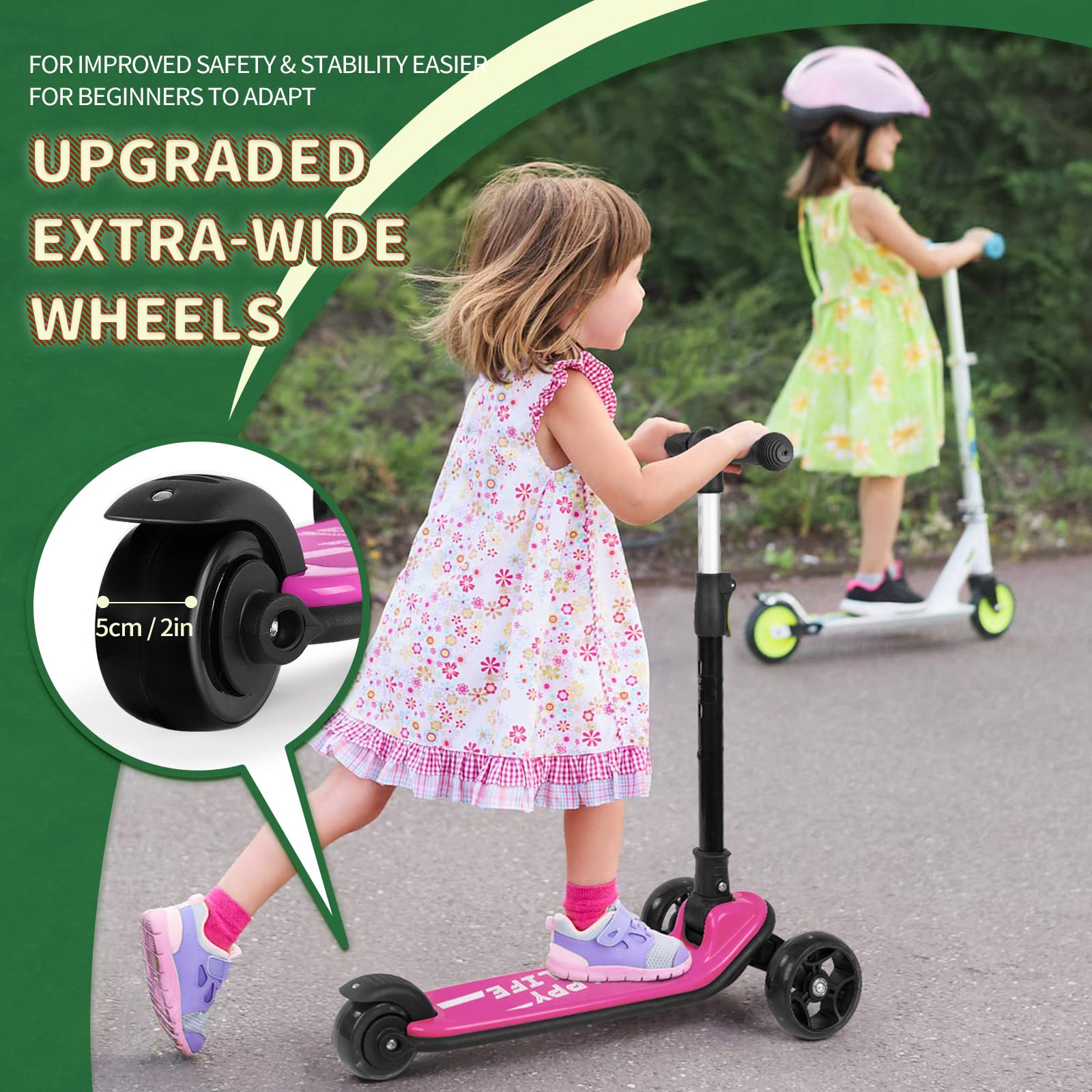 besrey Kick Scooter for Kids Ages 3-10, 3 Wheel Scooter for Kids with Adjustable Height, Folding Kids Scooter with LED Light Wheels Rear Brak Extra Wide Deck Outdoor Activities for Boys/Girls (Pink)