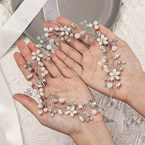 GORAIS Pearl Bridal Hair Vine Silver Crystal Wedding Headband Bride Hair Pieces Flower Hair Accessories for Women and Girls