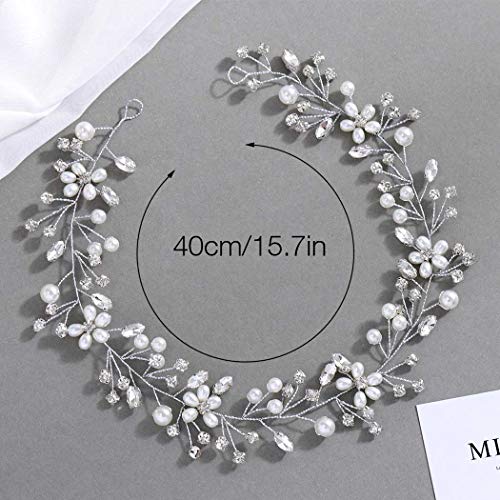 GORAIS Pearl Bridal Hair Vine Silver Crystal Wedding Headband Bride Hair Pieces Flower Hair Accessories for Women and Girls