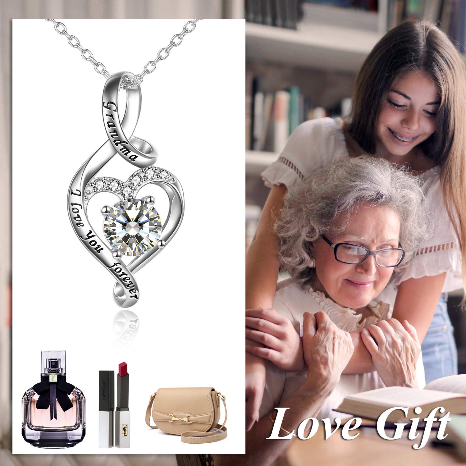 POPLYKE Grandma Necklace Gifts for Grandma from Granddaughter Sterling Silver Grandma I love You Forever Love Heart Necklace Jewelry for Women Mothers Valentines Birthday