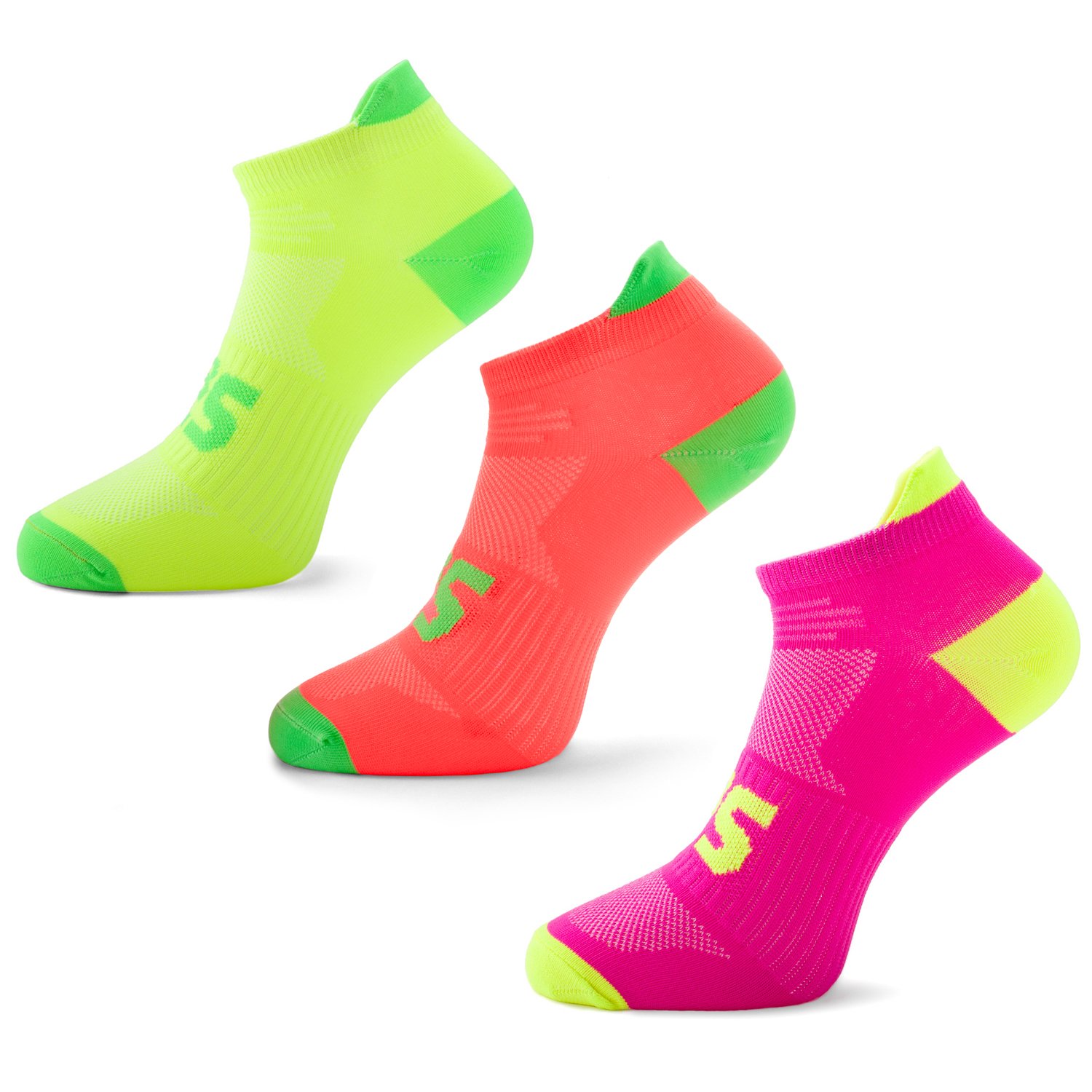 SLS3 Thin Running Socks for Women & Men, 3 Pack - Ultra Light Neon Running Socks for Men & Women - Blister Prevention Neon Ankle Socks for Runner (Yellow/Melon Orange/Pink, Medium-Large)