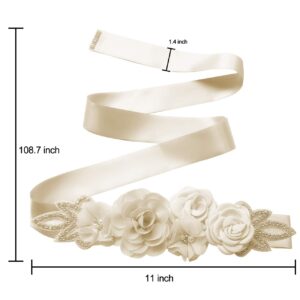 Ayliss Bridal Wedding Sash Belt with Flowers Pearls Rhinestone Dress Maternity Waist Belt Brides Bridesmaids (Ivory #1)