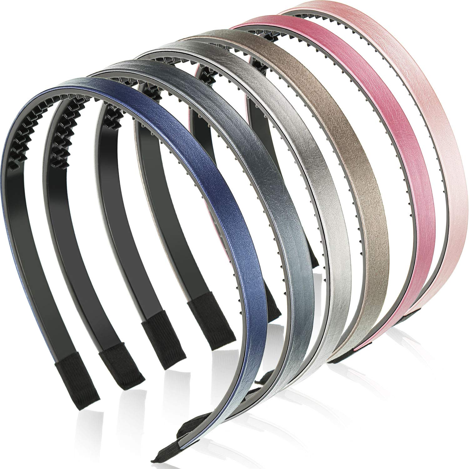 WILLBOND 6 Pieces Skinny Leather Covered Headband Plastic Skinny Headband Hair Loop Clasp Hairbands Solid Simple Headband for Women(1.1 cm,Lustrous Pink, Rose Red, Blue, Gold, Silver and Grey)